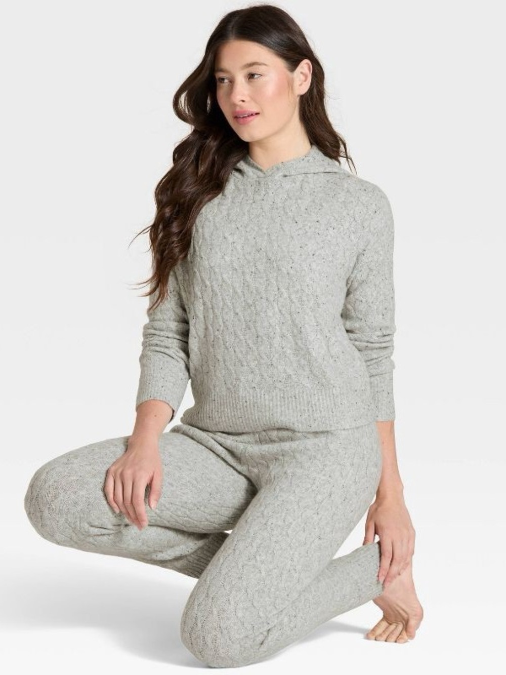 Auden Light Gray Cable Knit Hooded Pullover size large